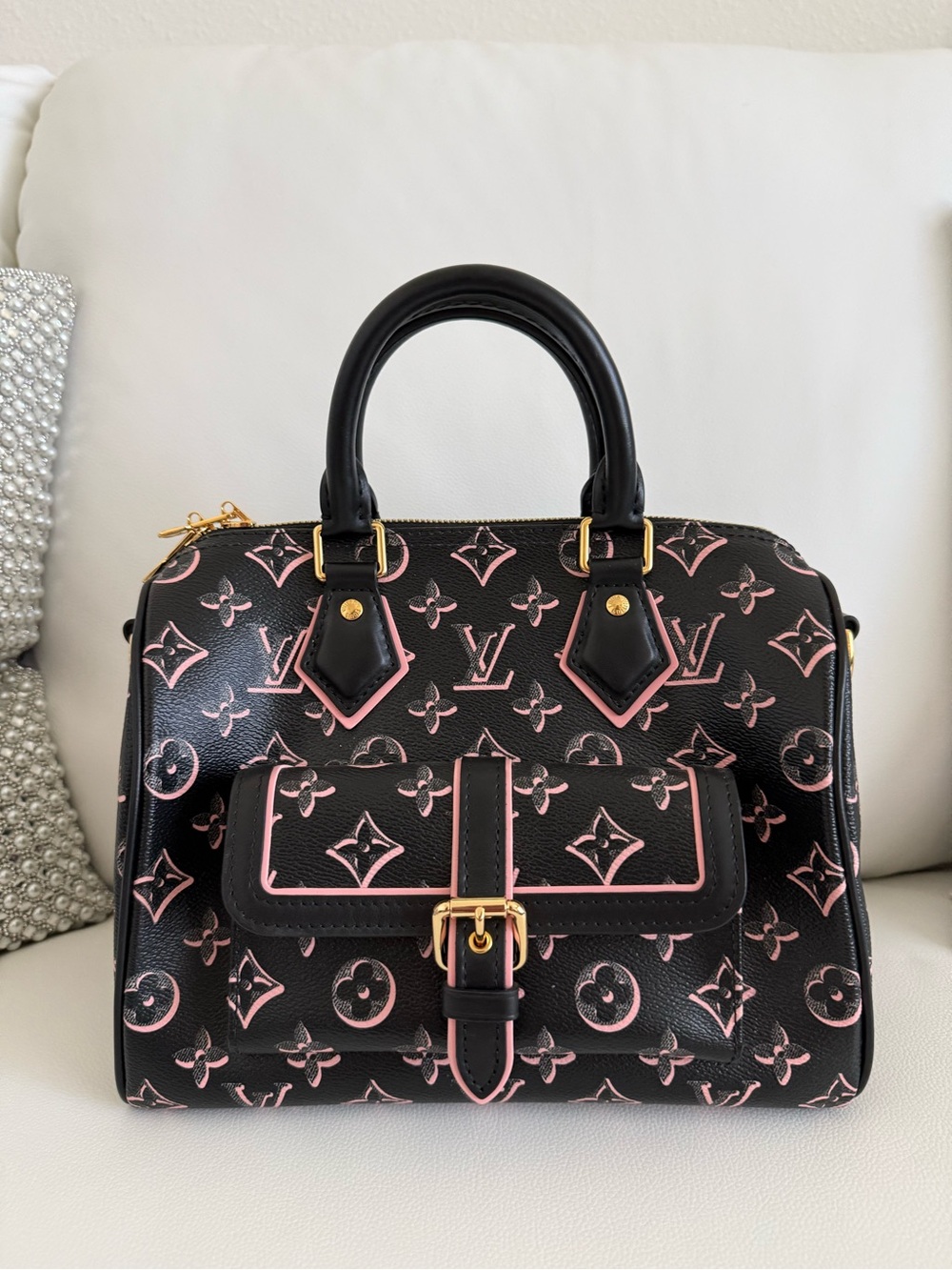 Louis Vuitton Black & Pink Monogram Speedy 25